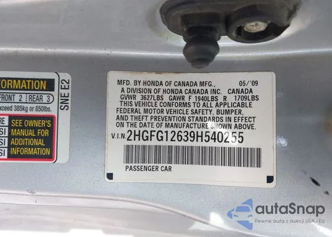 2009 Honda Civic Lx z USA, uszkodzony, nr VIN 2HGFG12639H540255